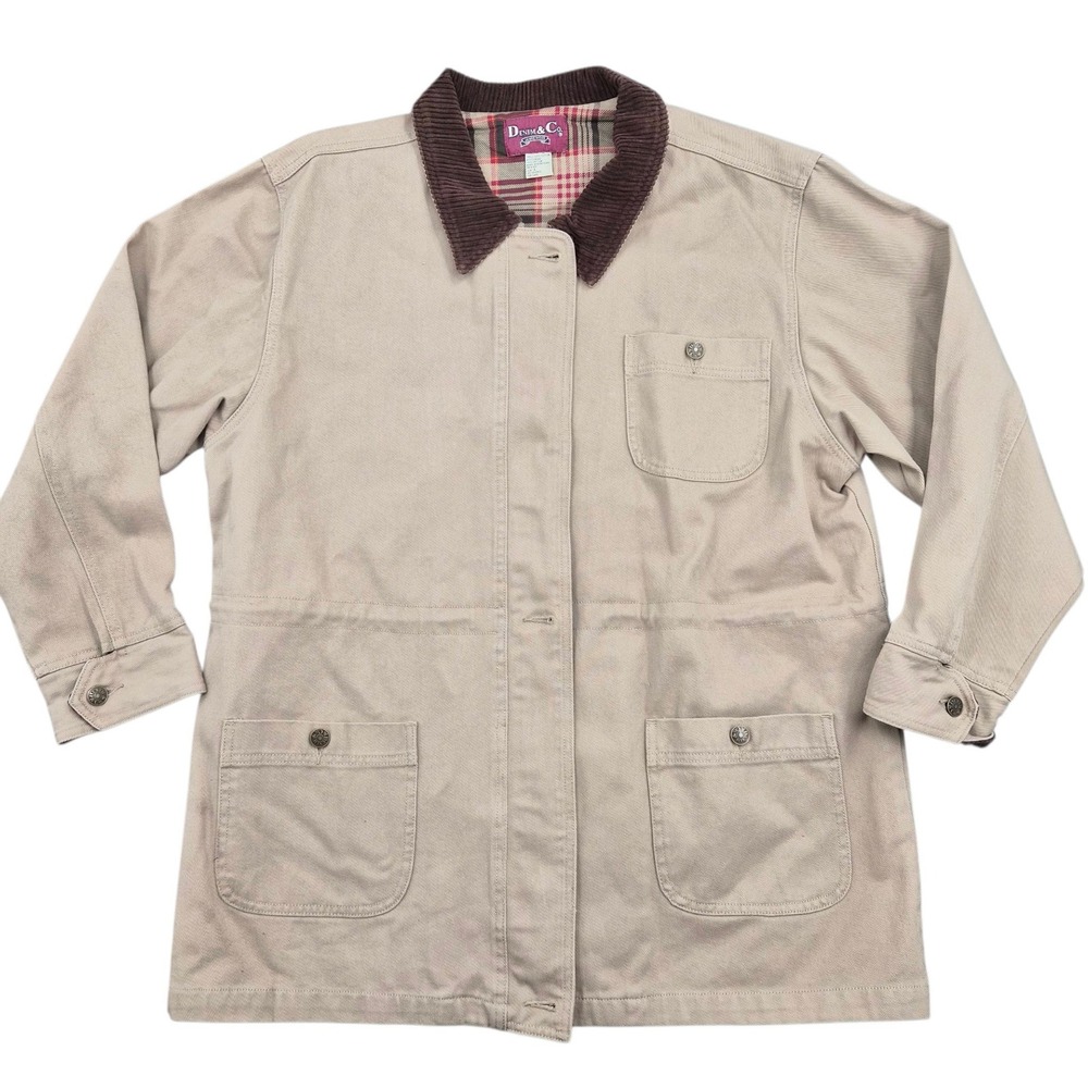 Denim & Co Womens Tan Cotton Twill Barn Jacket Plaid Lining Corduroy Trim L
